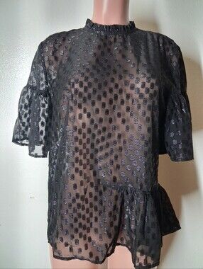 H&M Black Sheer Metallic Polka Dot Mock Neck Peplum Blouse Top Size 12
